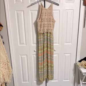 Kenji Crochet Boho Beach bohemian long Maxi Dress Blue Pink Yellow Size 12